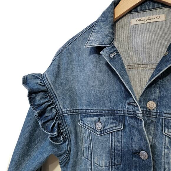 Mavi Jeans Co. Crop Ruffle Shoulder Medium Wash Denim Jacket Size XS - Picture 4 of 8